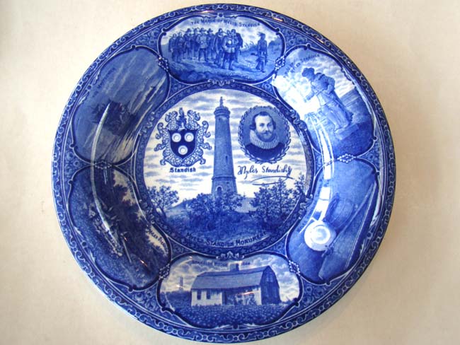 An historic souvenir plate circa 1905 depicting scenes of Plymouth, Mass., and Myles Standish